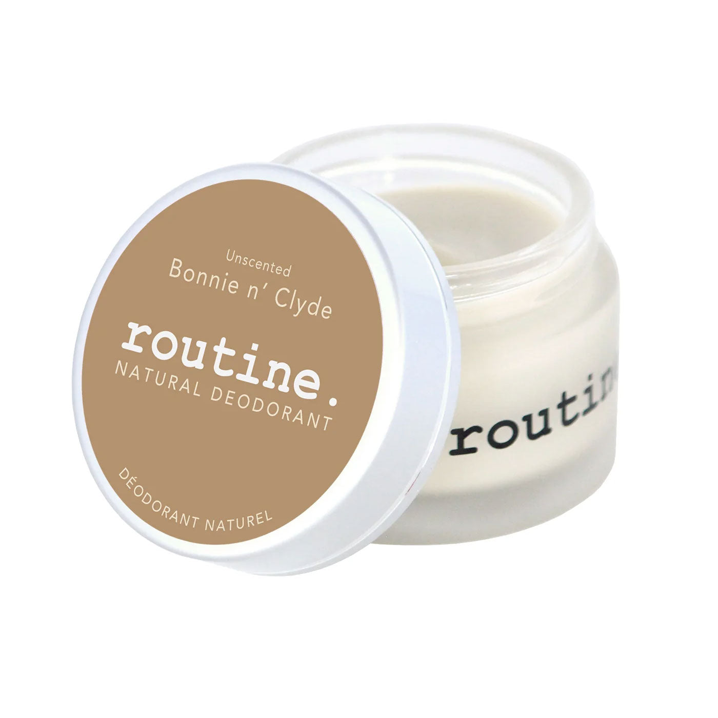 Open Routine Bonnie N' Clyde deodorant jar displaying smooth cream texture and brown lid label showing unscented natural deodorant product details