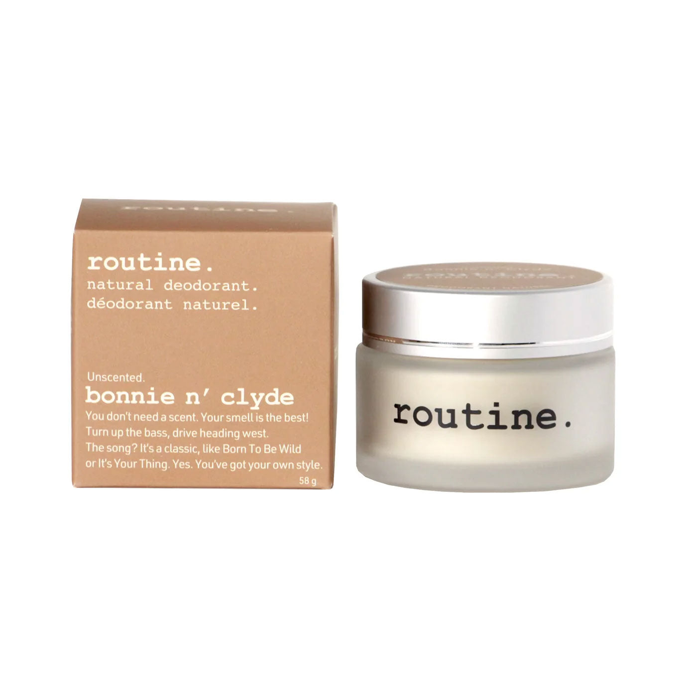 routine Bonnie N' Clyde unscented natural deodorant jar next to brown cardboard box packaging showing 58g size and product information text