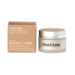 routine Bonnie N' Clyde unscented natural deodorant jar next to brown cardboard box packaging showing 58g size and product information text