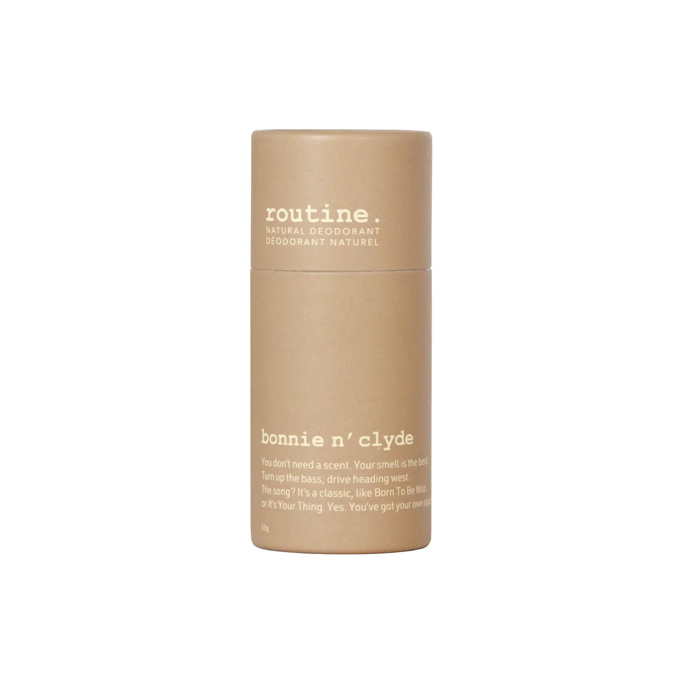 Routine Bonnie n’ Clyde deodorant stick in brown cardboard tube on white background showing label