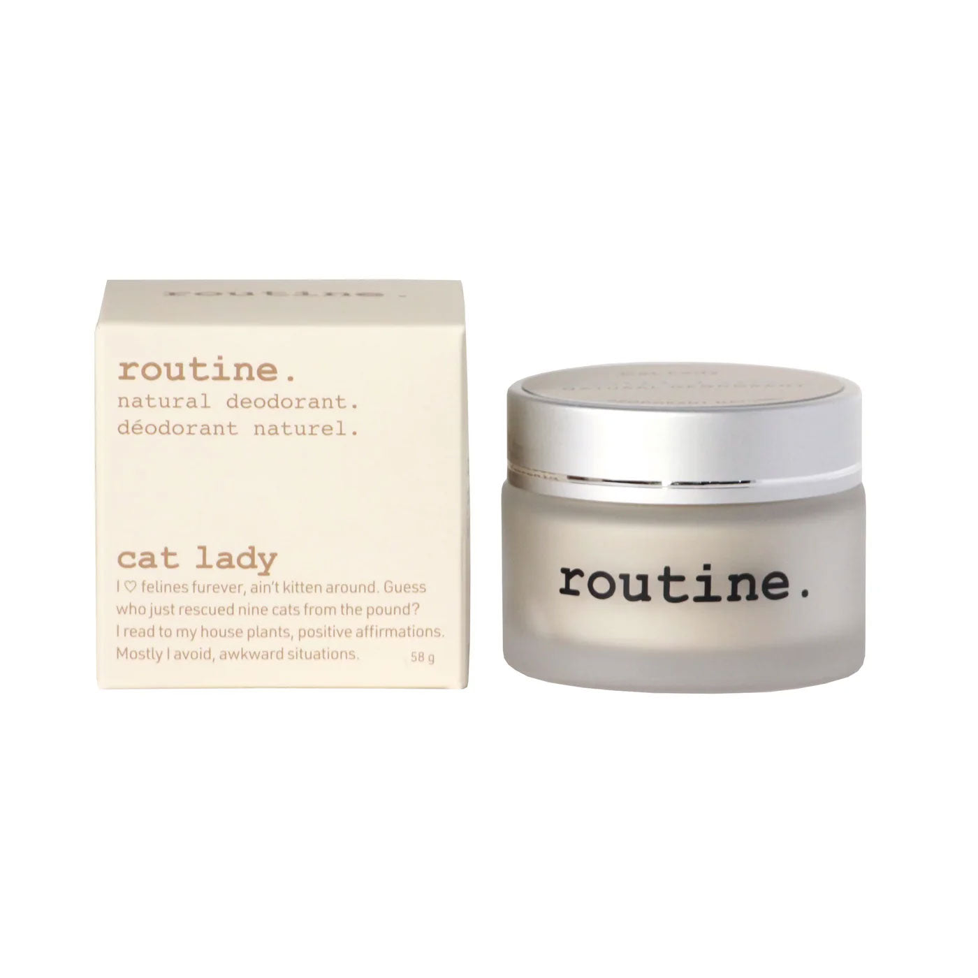 routine Cat Lady deodorant packaging - minimalist cream box and glass jar displaying vegan natural deodorant branding with cat-themed lifestyle messaging