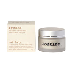 routine Cat Lady deodorant packaging - minimalist cream box and glass jar displaying vegan natural deodorant branding with cat-themed lifestyle messaging
