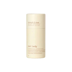 Routine Cat Lady deodorant stick in pale yellow cardboard tube on white background showing label