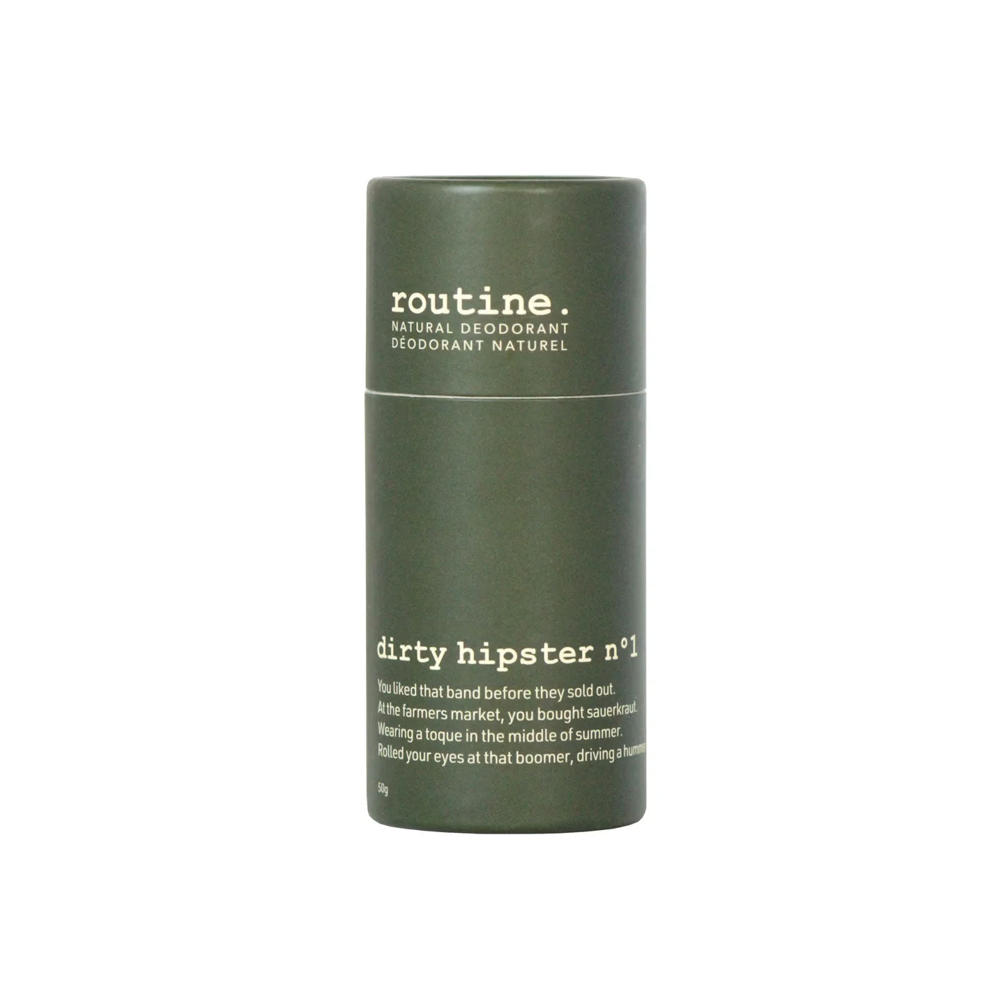 Routine Dirty Hipster natural deodorant in signature olive green cardboard tube with minimalist branding on a white background