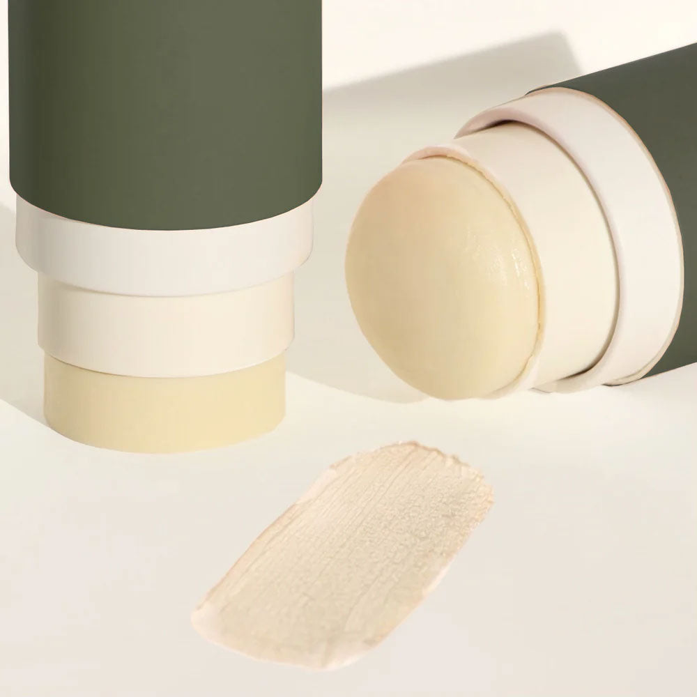 Natural deodorant stick product showcase showing creamy texture and eco-friendly cardboard packaging options