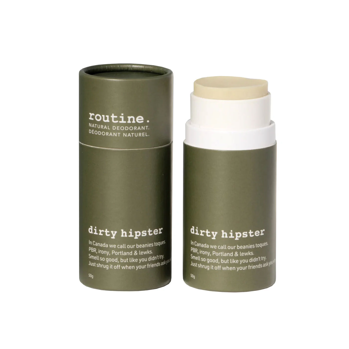 Two routine Dirty Hipster natural deodorant  sticks, one is with lid on, the other is without a lid with the deodorant partially sticking out