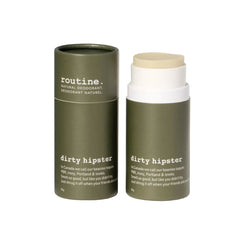 Two routine Dirty Hipster natural deodorant  sticks, one is with lid on, the other is without a lid with the deodorant partially sticking out