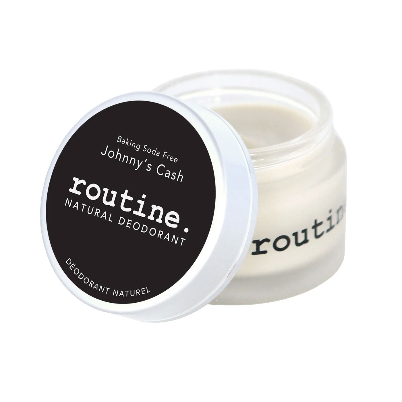 Routine Johnny's Cash deodorant jar opened showing smooth cream texture - baking soda free magnesium formula for extra sensitive skin with woodsy masculine scent