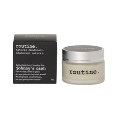 routine Johnny's Cash 58g baking soda free deodorant jar with black packaging displaying outlaw-inspired branding and sensitive skin benefits with cedar pine scent details