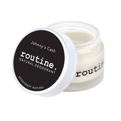 Routine Johnny's Cash vegan deodorant jar opened showing smooth cream texture - beeswax-free plant-based formula with woodsy masculine scent and cruelty-free protection
