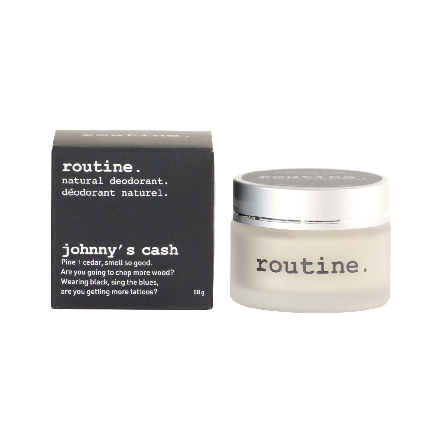 Routine Johnny's Cash 58g vegan deodorant jar with black packaging displaying outlaw-inspired branding and vegan benefits with cedar pine scent details and no beeswax formula