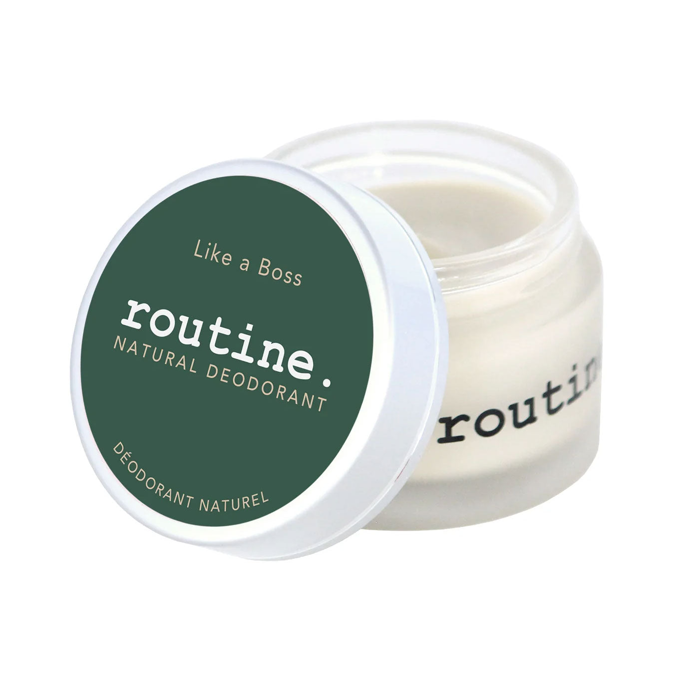  Routine Like a Boss deodorant jar - open container displaying smooth cream texture with green branded lid - natural bergamot and geranium scented formula