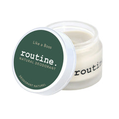  Routine Like a Boss deodorant jar - open container displaying smooth cream texture with green branded lid - natural bergamot and geranium scented formula