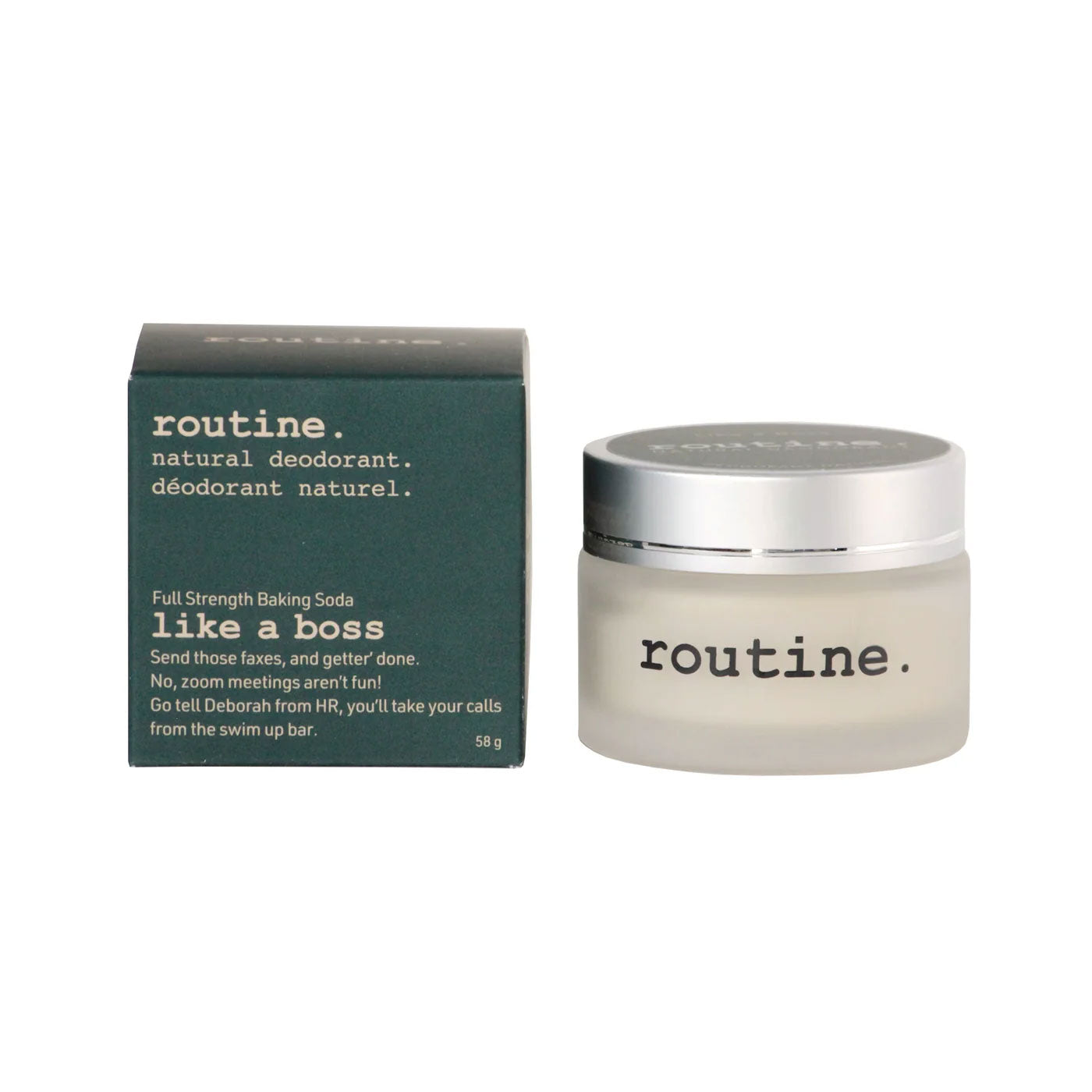 routine Like a Boss deodorant - closed glass jar next to green cardboard packaging showing product branding and 58g size - eco-friendly natural deodorant