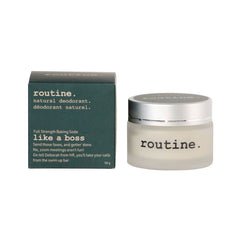 routine Like a Boss deodorant - closed glass jar next to green cardboard packaging showing product branding and 58g size - eco-friendly natural deodorant