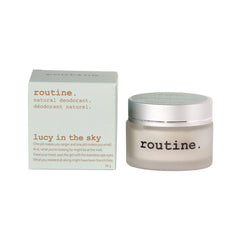 routine natural deodorant jar and packaging box in sage green colour showing Lucy in the Sky branding and 58g size specification for vegan formula