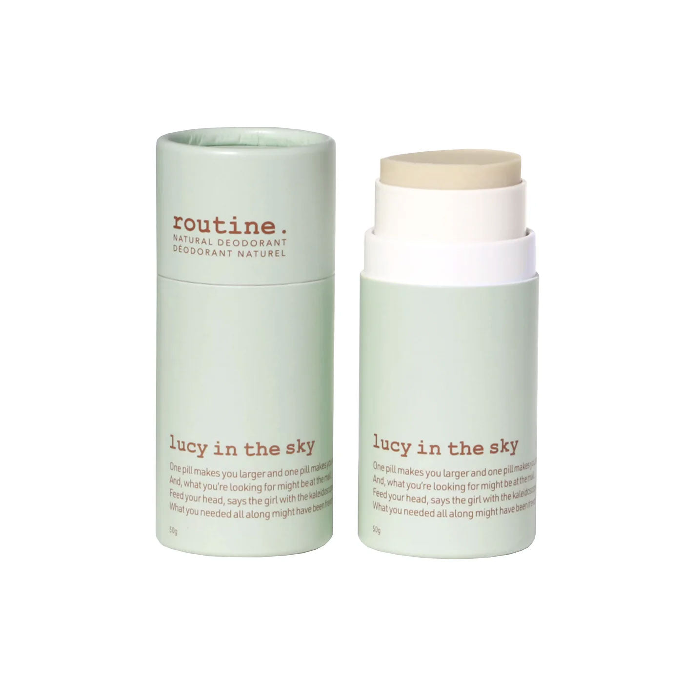 2 routine Lucy in the sky deodorants 1 is with lid on, the other one is opened, both on a white background