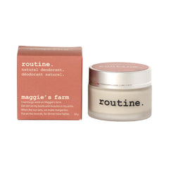 Route Maggie's Farm deodorant packaging - coral orange box next to glass jar showing 58g size - sustainable packaging for natural deodorant cream