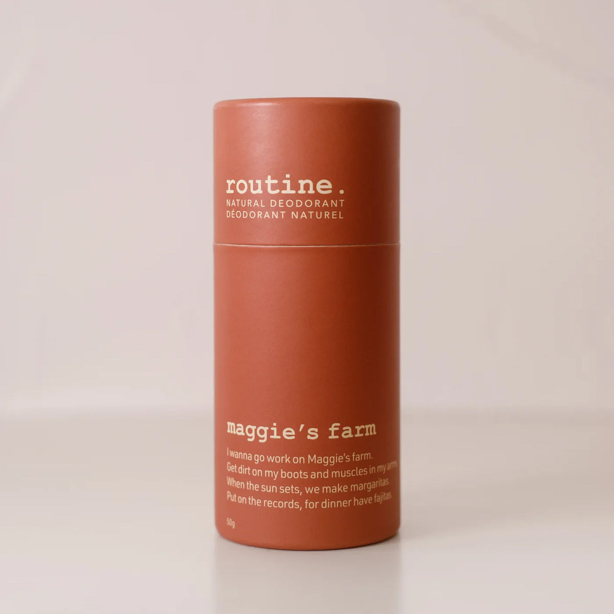 Routine Natural Beauty Maggie’s Farm deodorant stick standing upright, showing full product packaging and branding.