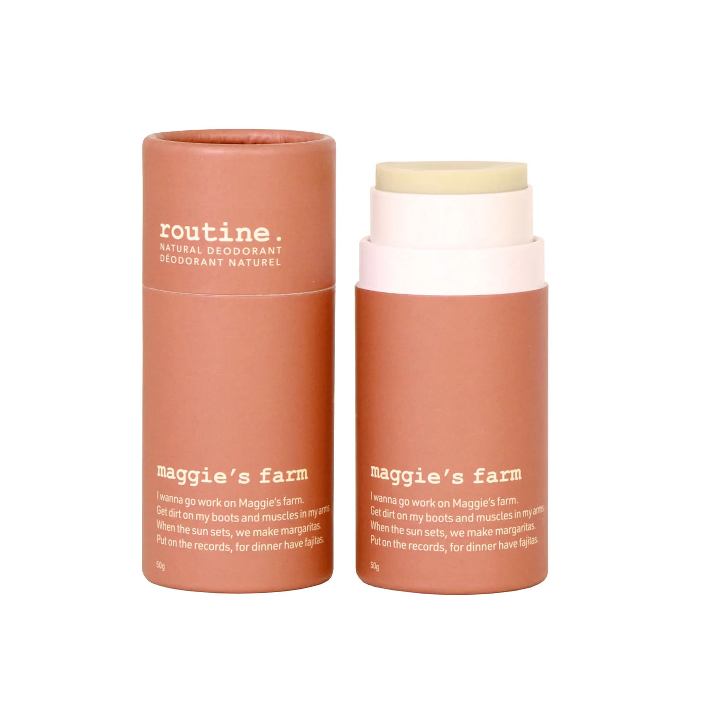 Routine Natural Beauty Maggie’s Farm deodorant stick with cap removed, displaying the twist-up stick and outer packaging side by side.