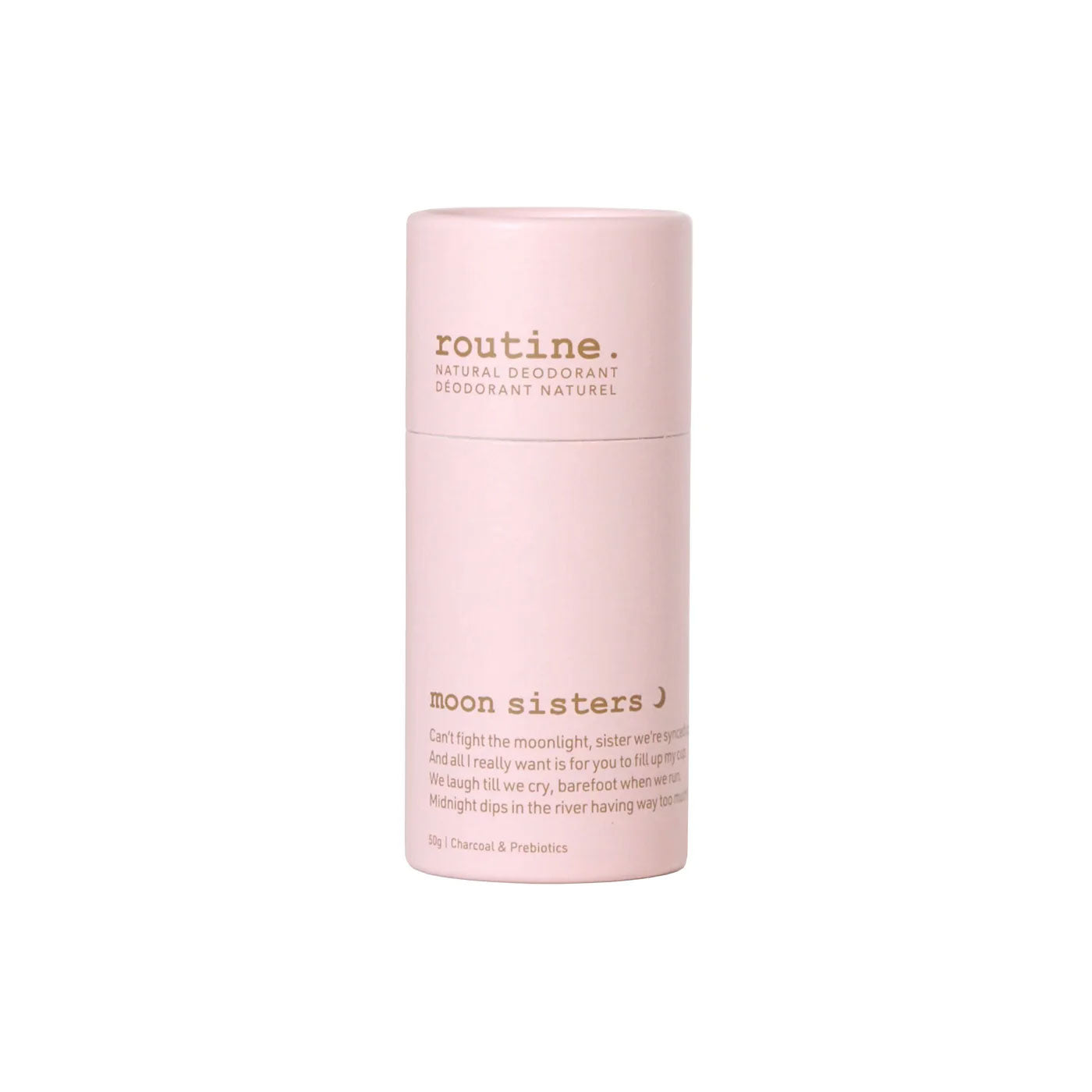 Routine Moon Sisters deodorant stick in pastel‑pink paper tube with brown foil brand, shown upright on a clean white background to highlight its minimalist packaging.