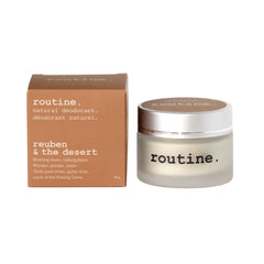 Routine Reuben & The Desert 58g deodorant jar with brown packaging displaying product details - natural formula collaboration with Reuben and the Dark band