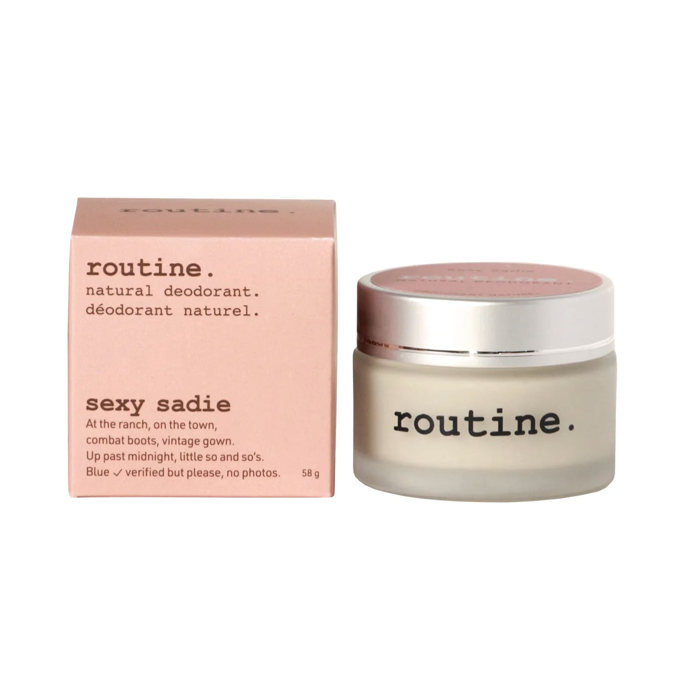 routine Sexy Sadie natural deodorant - complete product set with coral pink cardboard box and glass jar with silver lid - 58g vegan deodorant cream for underarms and body