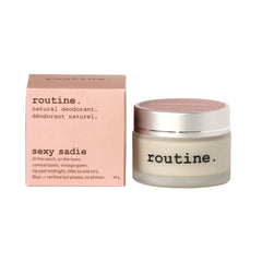 routine Sexy Sadie natural deodorant - complete product set with coral pink cardboard box and glass jar with silver lid - 58g vegan deodorant cream for underarms and body