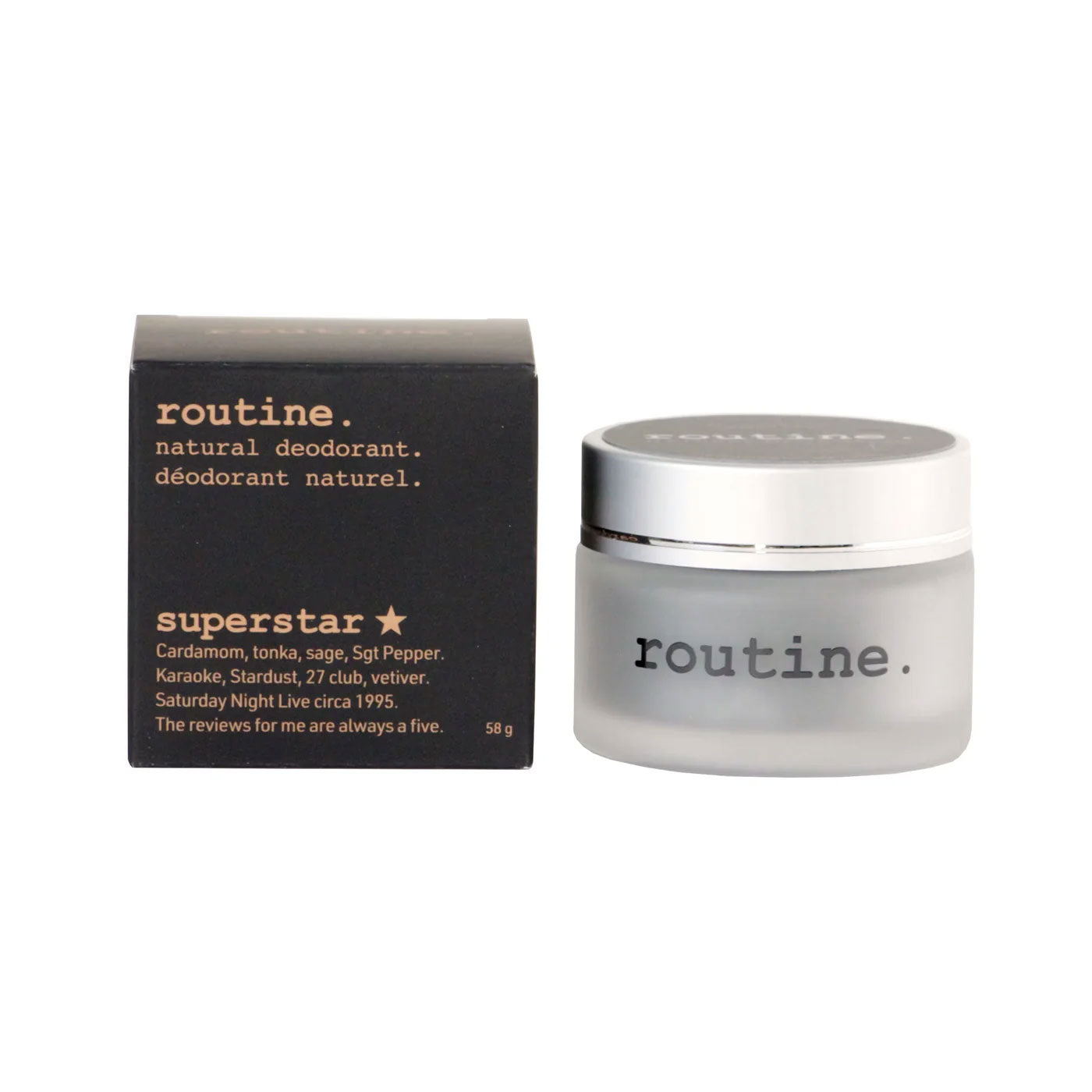 routine Superstar deodorant complete package - black box with glass jar showing 58g natural deodorant with activated charcoal and prebiotic ingredients