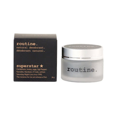 routine Superstar deodorant complete package - black box with glass jar showing 58g natural deodorant with activated charcoal and prebiotic ingredients