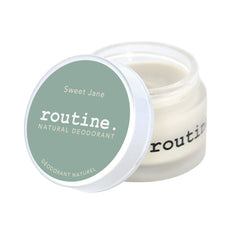 routine Sweet Jane deodorant jar opened showing creamy white texture - natural aluminum-free formula with vanilla, rose, cinnamon and tonka scent for daily protection