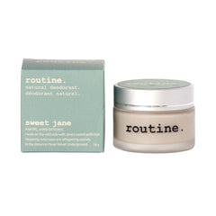 routine Sweet Jane natural deodorant complete packaging display - 58g glass jar with sage green box showing multi-use cream formula for underarms and body