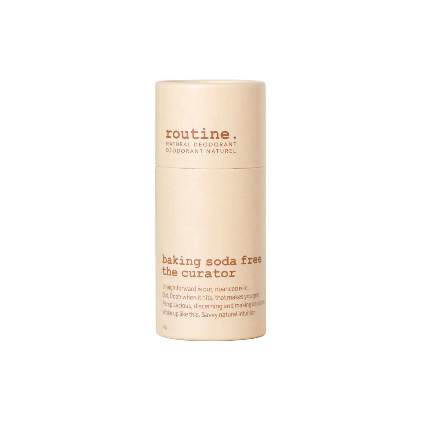 routine The Curator deodorant stick displayed on a white background showing minimalist packaging.