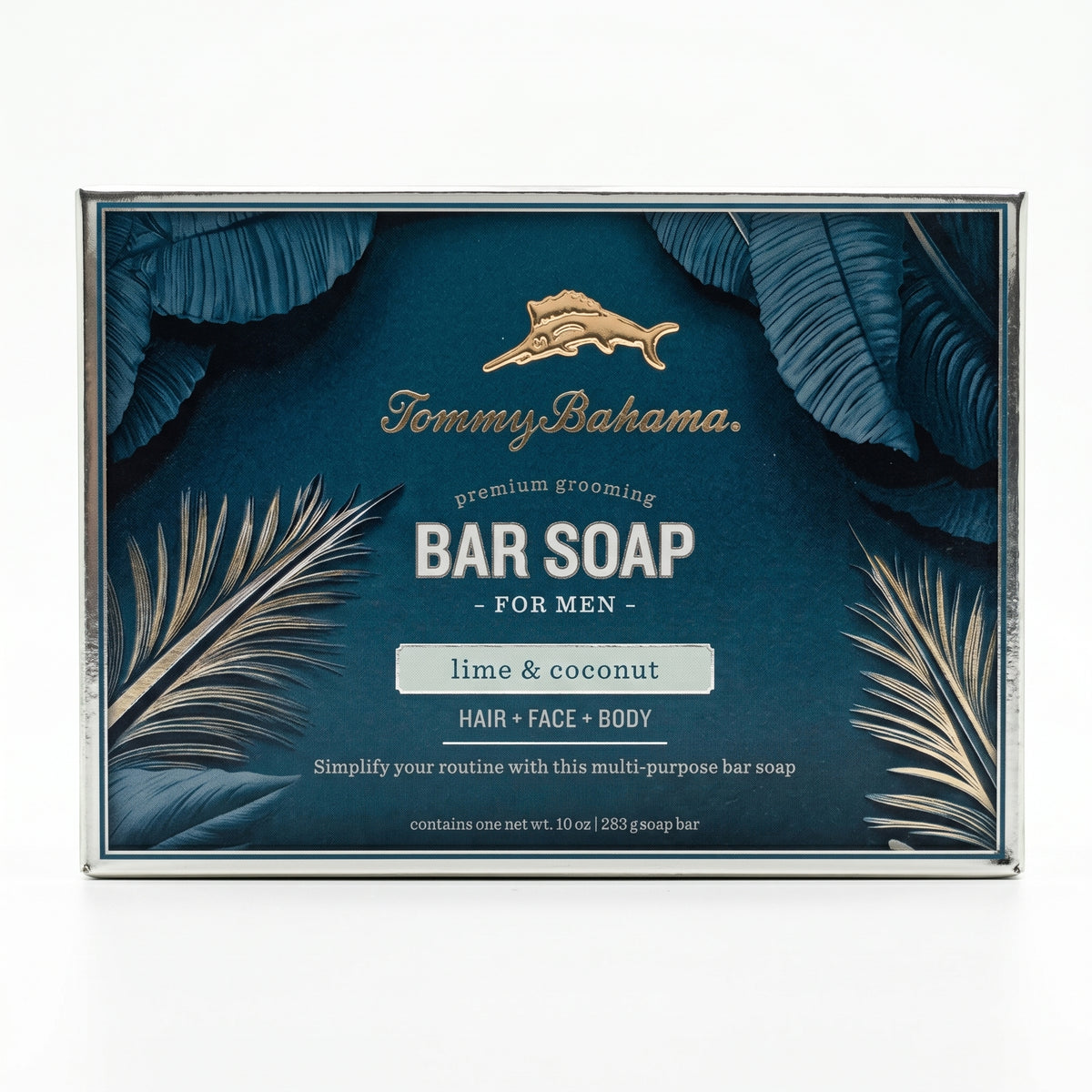Front of Tommy Bahama Lime & Coconut Bar Soap for Men box featuring gold marlin logo, palm leaf illustration, and "lime & coconut" scent label on teal background