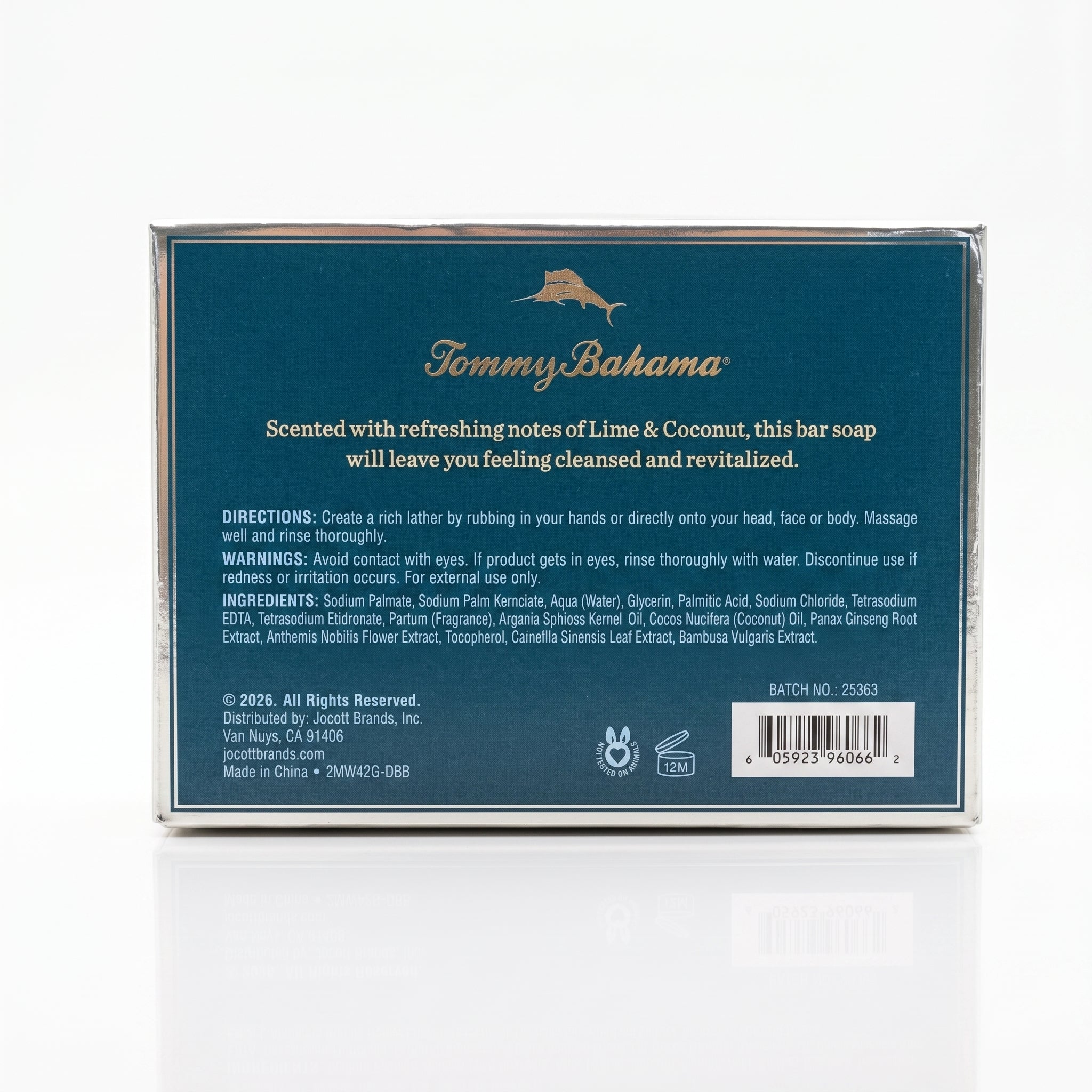 Back of Tommy Bahama Lime & Coconut bar soap packaging showing full ingredients list, usage directions, cruelty-free leaping bunny symbol, and barcode