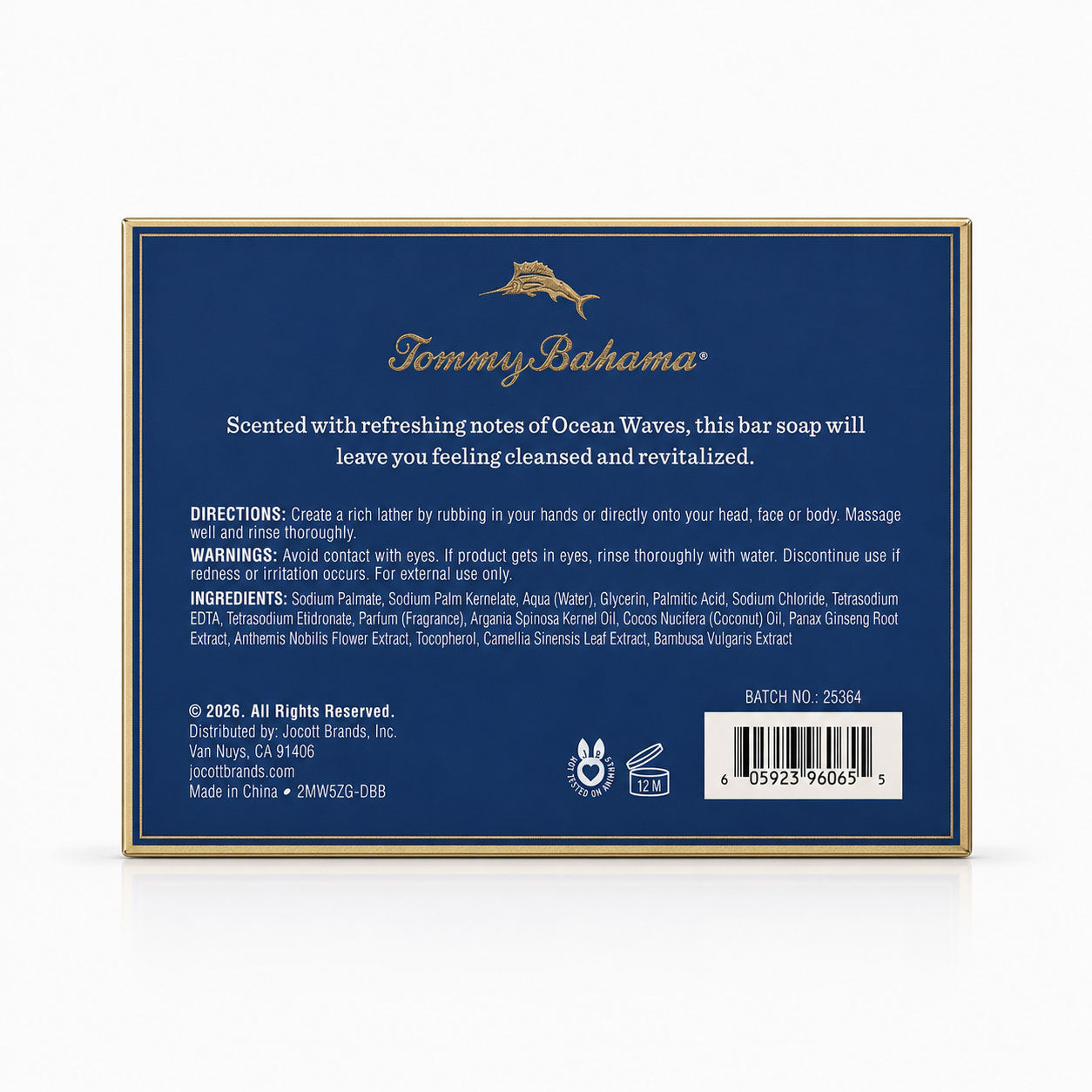 Back of Tommy Bahama Ocean Waves bar soap packaging showing full ingredients list, usage directions, cruelty-free leaping bunny symbol, and barcode