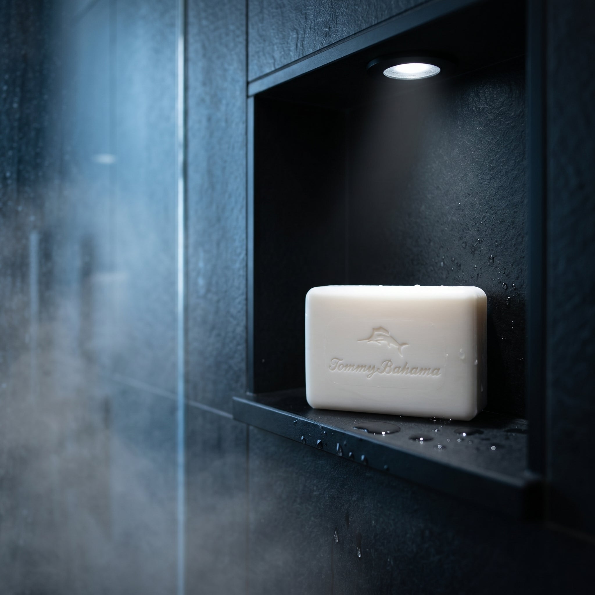 Tommy Bahama bar soap resting in a modern dark-tile shower niche with water droplets, lit from above by a small spotlight