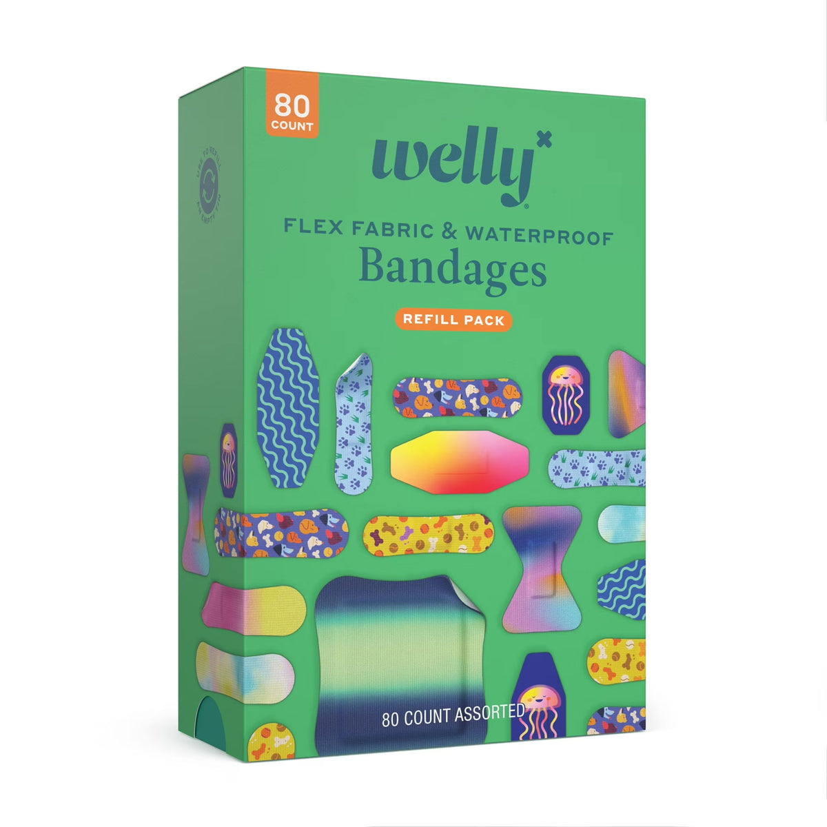 Welly Flex Fabric & Waterproof Bandages — Family Refill Pack with 10 Patterns & 6 Sizes (80 Count)