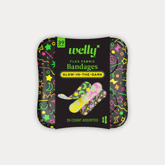 Welly Glow Party 39-count flex fabric bandages tin with neon glow-in-the-dark patterns on black packaging