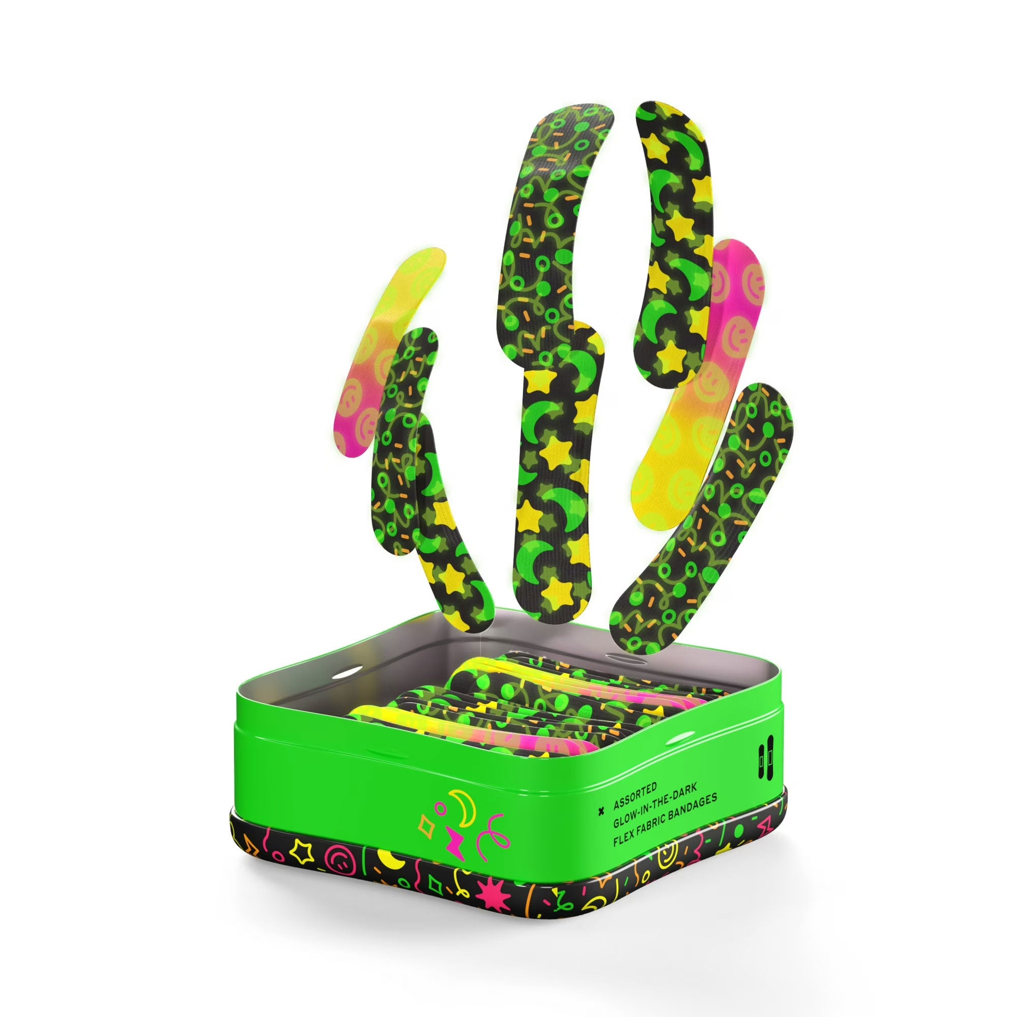 Open green Welly tin with assorted glow-in-the-dark bandages floating above, showing three neon patterns including green stars, smiley faces, and confetti designs