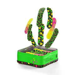 Open green Welly tin with assorted glow-in-the-dark bandages floating above, showing three neon patterns including green stars, smiley faces, and confetti designs
