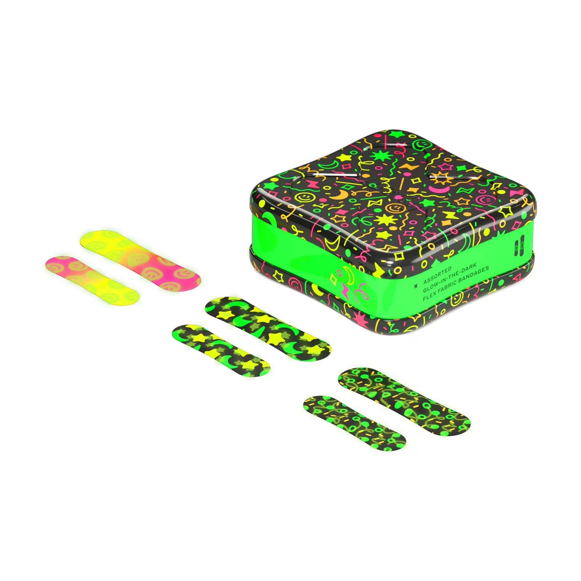 Welly Glow Party reusable tin beside five sample bandages in two sizes showing pink smiley face, green stars, and confetti glow-in-the-dark patterns