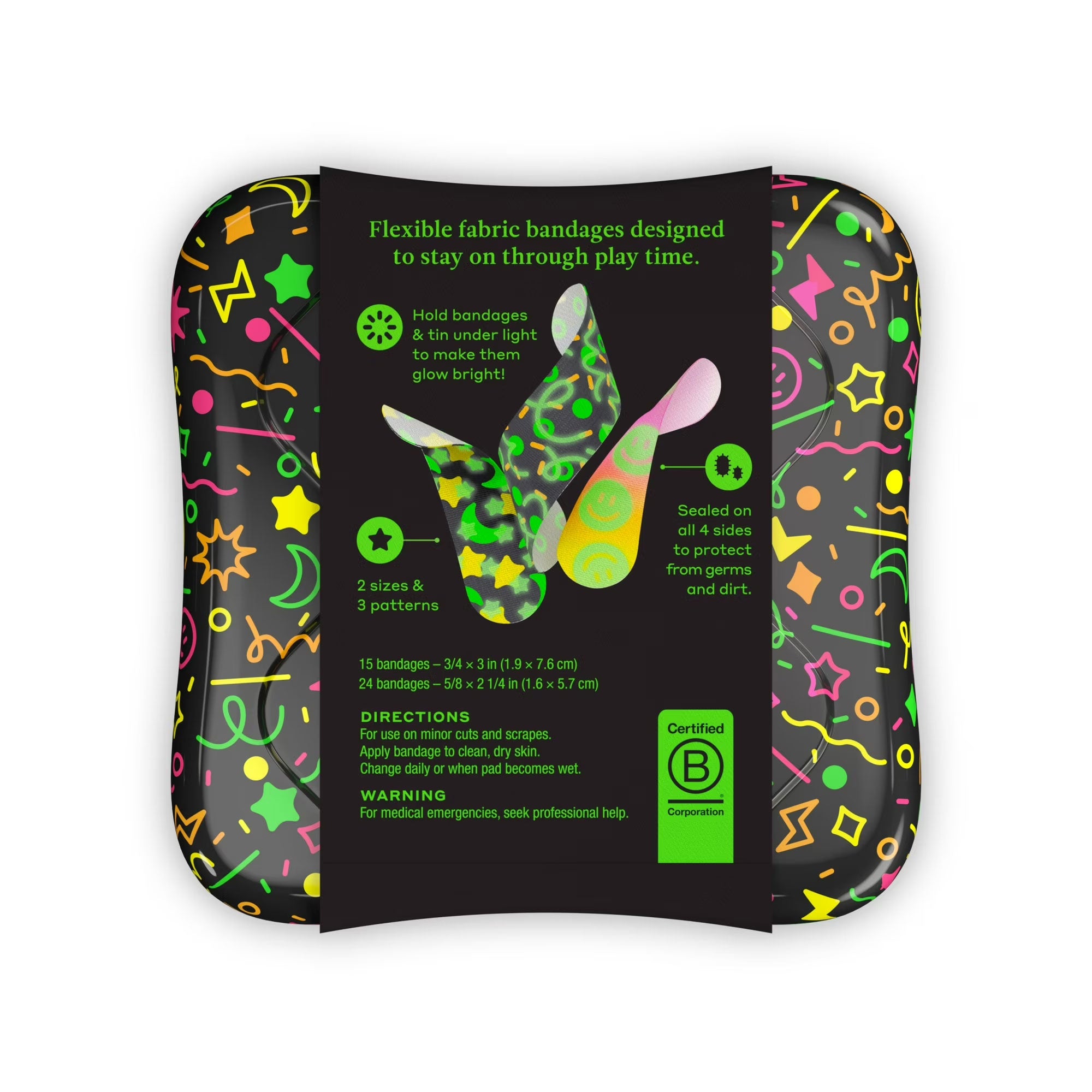 Back of Welly Glow Party bandage packaging showing 2 sizes, 3 patterns, sealed-on-4-sides feature, bandage dimensions, and Certified B Corporation logo