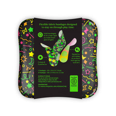 Back of Welly Glow Party bandage packaging showing 2 sizes, 3 patterns, sealed-on-4-sides feature, bandage dimensions, and Certified B Corporation logo