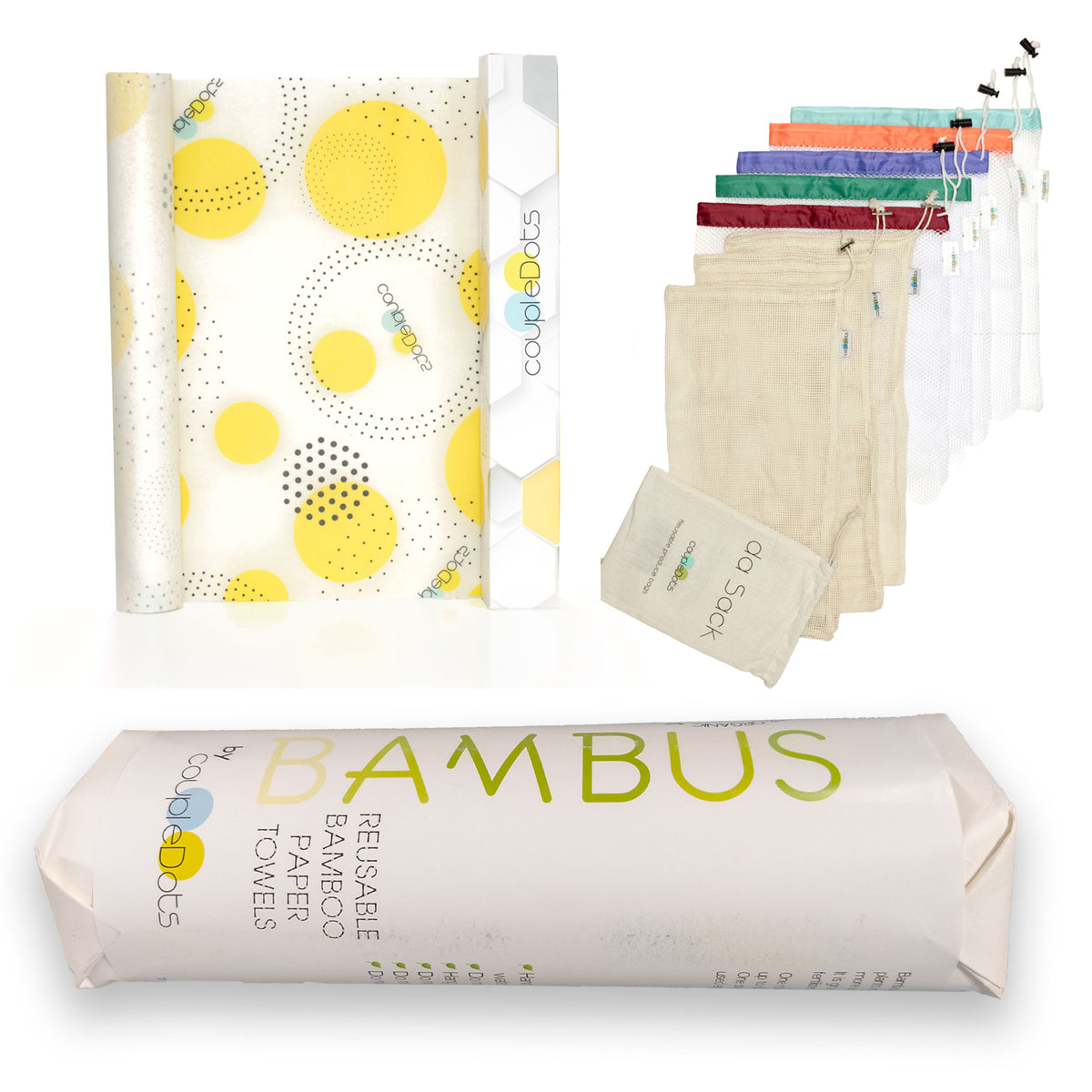 Kitchen Combo - Beeswax Food Wrap roll + Bamboo Paper Towel + Reusable Produce Bags - EcoFreax | Think Bigger.