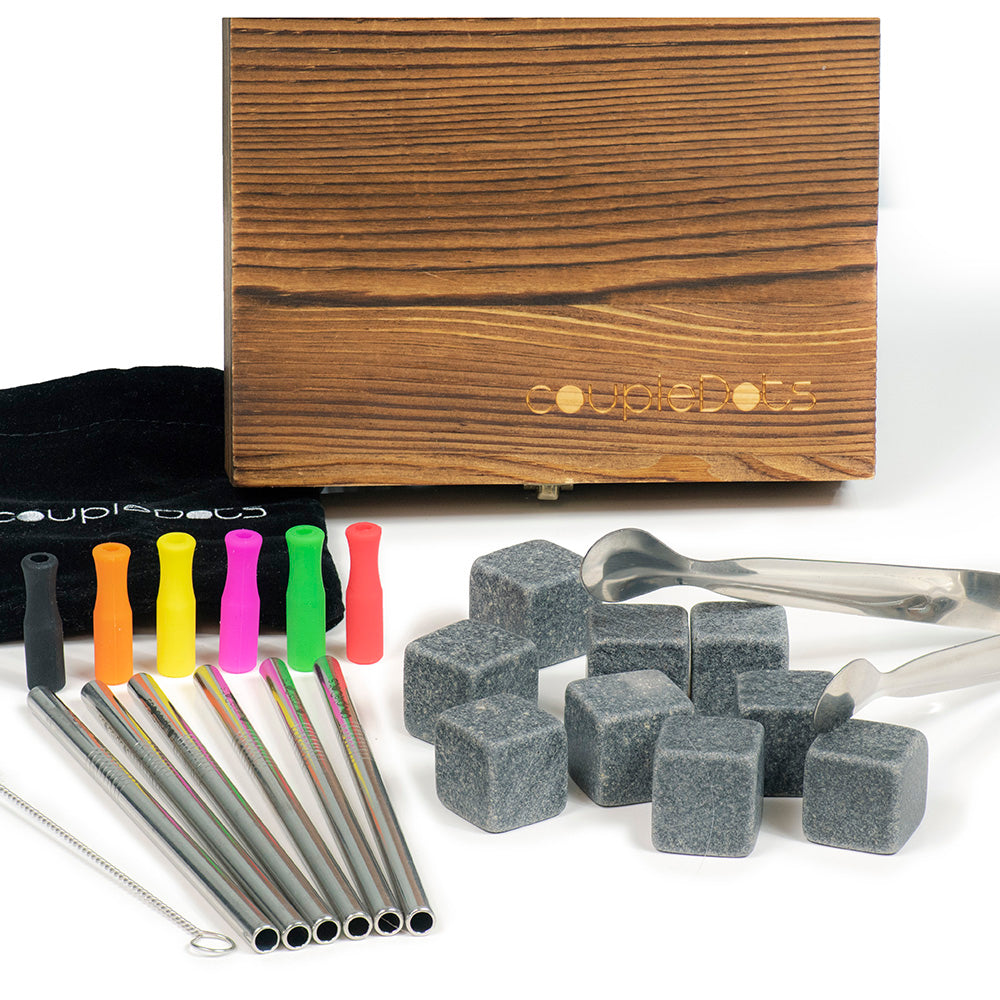 coupleDots Whiskey Stones and Stainless Steel Drinking Straw Set - EcoFreax | Think Bigger.