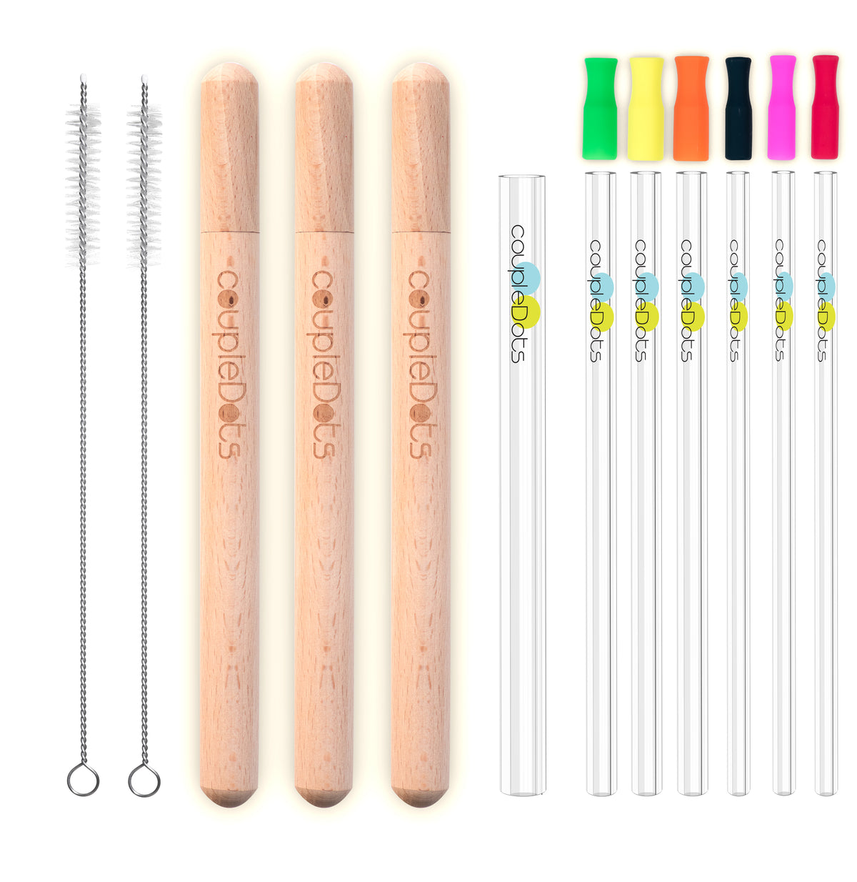 coupleDots Reusable Glass Drinking Straws with Wooden Case includes Bubble Tea Straw - EcoFreax