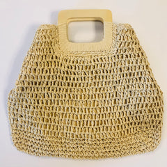 handwoven raffia paper tote with top wooden handles - o'ahu