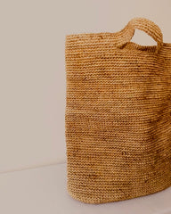 handmade natural raffia paper tote bag with top handles