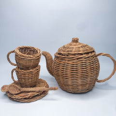 handmade rattan tea set - wicker wood toy set